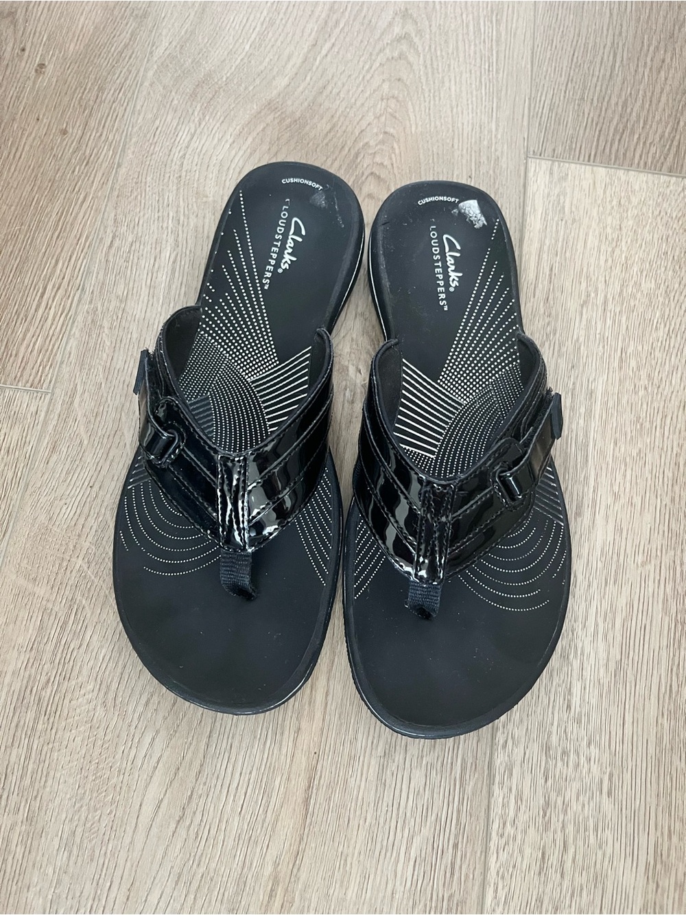 Clarks Black Patent Leather Slip-On Sandals